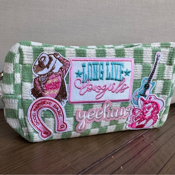 Green Checkered Cosmetic Bag with Western Cowgirl Patches - Picture 3 of 5